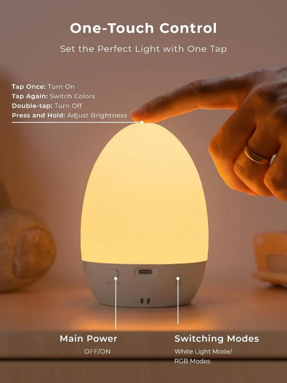 Rechargeable Egg Night Light for Nursery, Touch Control, 17 Color Modes